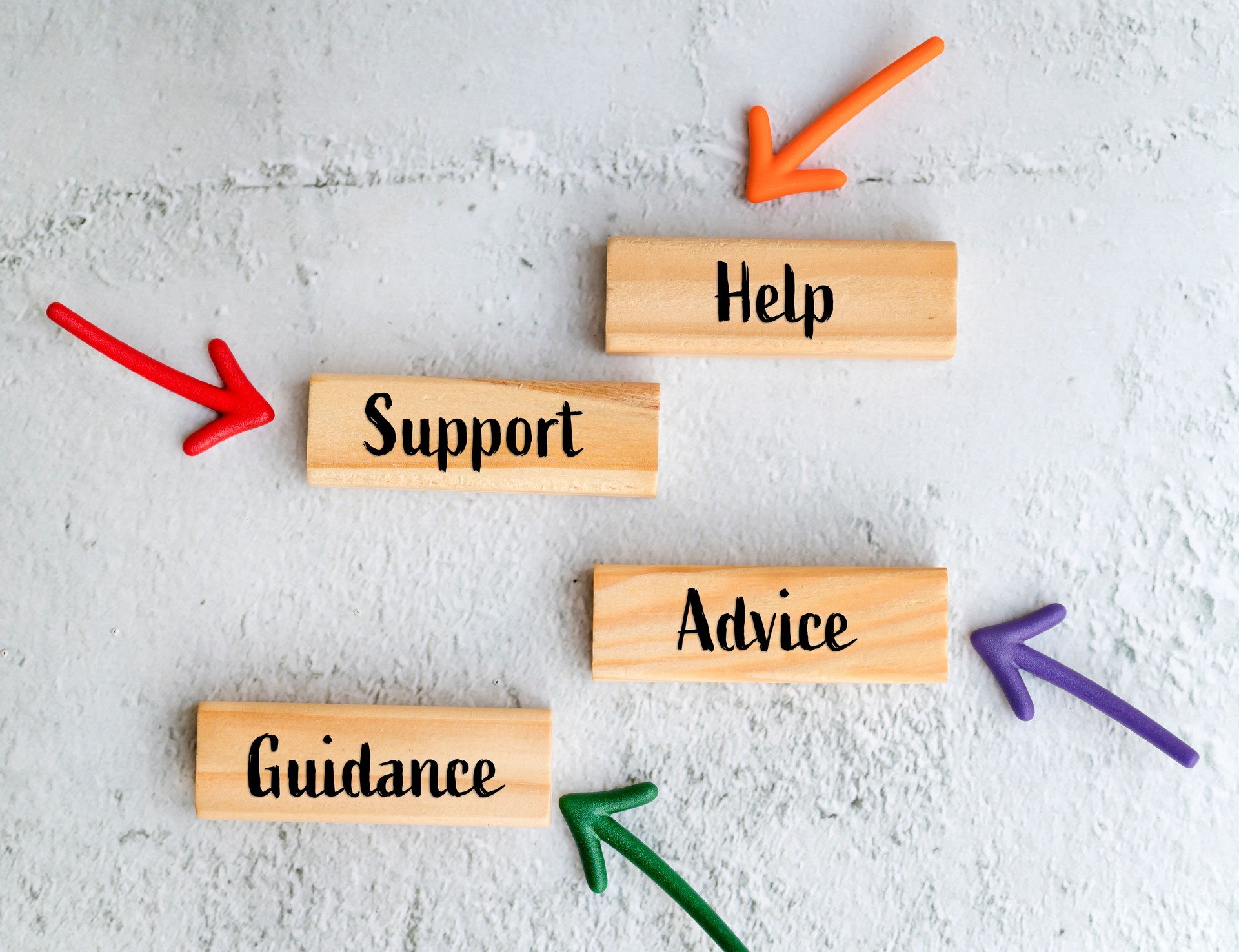 Help , support , advice and guidance words on wooden blocks